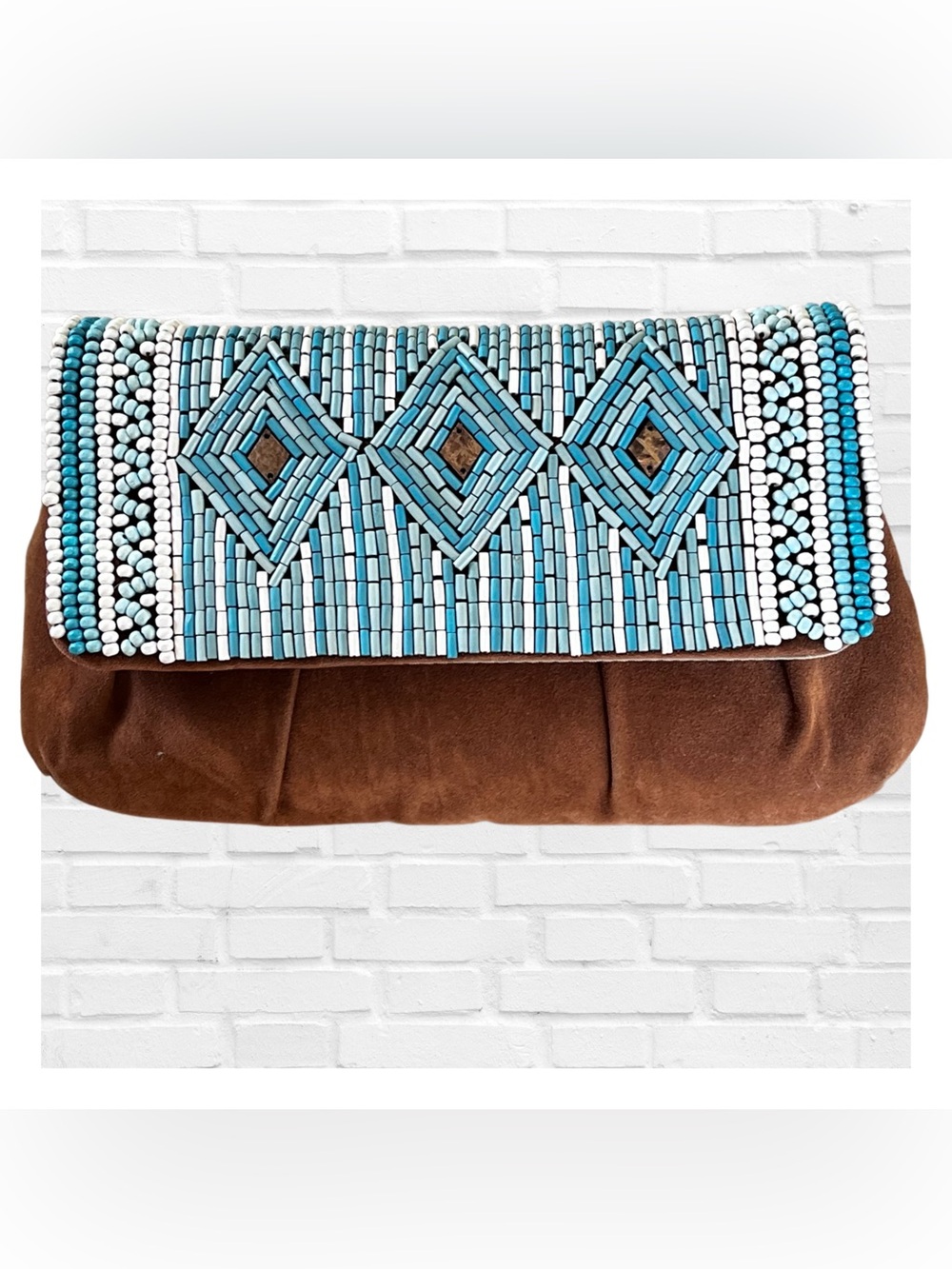 Chicos Turquoise White Beaded Faux Suede Purse Western Geometric Coastal Cowgirl